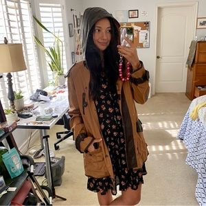 ASOS Premium Tan Parka coat jacket  with Leather Hood and Trims free People